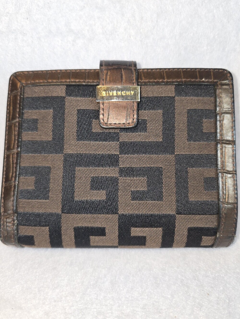 Vintage Givenchy 4G Monogram Bifold Compact Wallet Brown Croc Leather Trim
